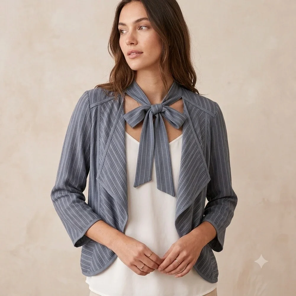 Cabi Pinstripe Tie-Neck Draped Cardigan Boho Fairycore Cotton Blue Jacket Size M - Picture 1 of 6